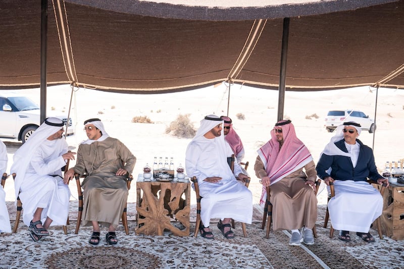 AL AIN, ABU DHABI, UNITED ARAB EMIRATES - January 13, 2018: HH Sheikh Mohamed bin Zayed Al Nahyan Crown Prince of Abu Dhabi Deputy Supreme Commander of the UAE Armed Forces (3rd R), receives HRH Prince Abdulaziz bin Saud bin Nayef bin Abdulaziz, Minister of Interior of Saudi Arabia (2nd R), in Alain. Seen with HH Lt General Sheikh Saif bin Zayed Al Nahyan, UAE Deputy Prime Minister and Minister of Interior (R), HH Major General Sheikh Khaled bin Mohamed bin Zayed Al Nahyan, Deputy National Security Adviser (L), and HH Sheikh Mansour bin Zayed Al Nahyan, UAE Deputy Prime Minister and Minister of Presidential Affairs (2nd L).
( Hamad Al Kaabi / Crown Prince Court - Abu Dhabi )
—