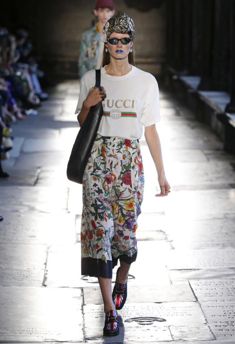 Revisiting Gucci heritage with the trademark stripes and florals for Look 49 at the Gucci Cruise Collection 2017. Courtesy Gucci.