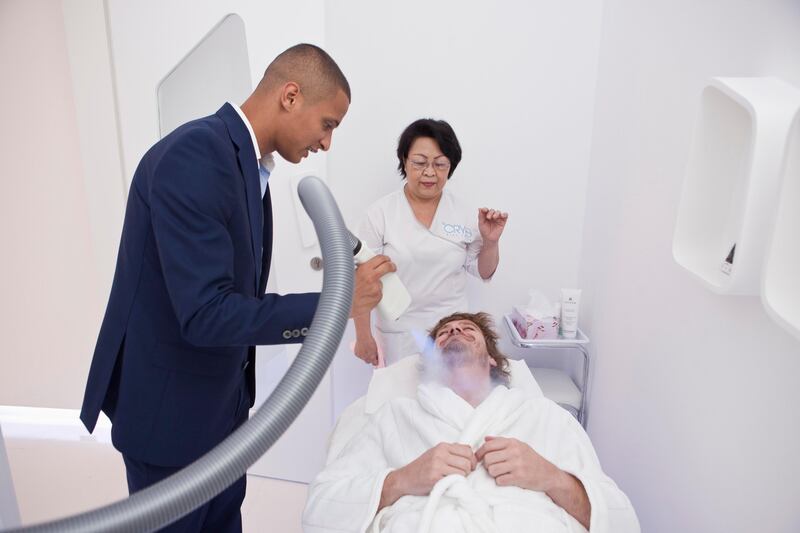 DUBAI, UNITED ARAB EMIRATES,  JULY 07, 2013. Journalist Neil Vorano tries out the newly launched Cryo Facial Treatment at the Cryo Health Spa Dubai, located in the Emirates Towers Boulevard. (ANTONIE ROBERTSON / The National) Journalist Neil Vorano