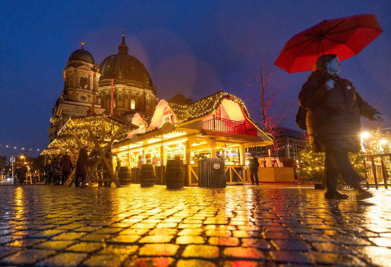 Lights and decorations at the outdoor Christmas market at Humboldt Forum in front of Berlin Cathedral. Reuters