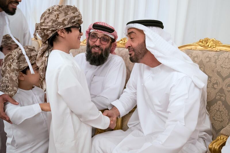 AL AIN, ABU DHABI, UNITED ARAB EMIRATES - September 16, 2019: HH Sheikh Mohamed bin Zayed Al Nahyan, Crown Prince of Abu Dhabi and Deputy Supreme Commander of the UAE Armed Forces (R), offers condolences to the family of martyr Warrant Officer Nasser Mohamed Hamad Al Kaabi.

( Hamad Al Kaabi / Ministry of Presidential Affairs )​
---