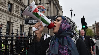 Pro-Palestine protesters in Westminster, in London, near the Parliament building. AP