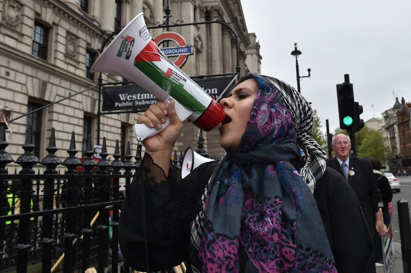 Pro-Palestine protesters in Westminster, in London, near the Parliament building. AP
