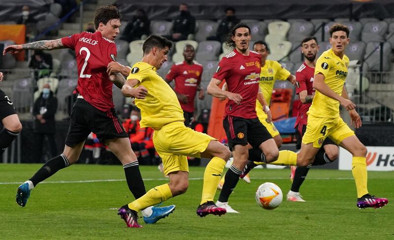 Villarreal forward Gerard Moreno scores the opening goal of the Europa League final. AFP