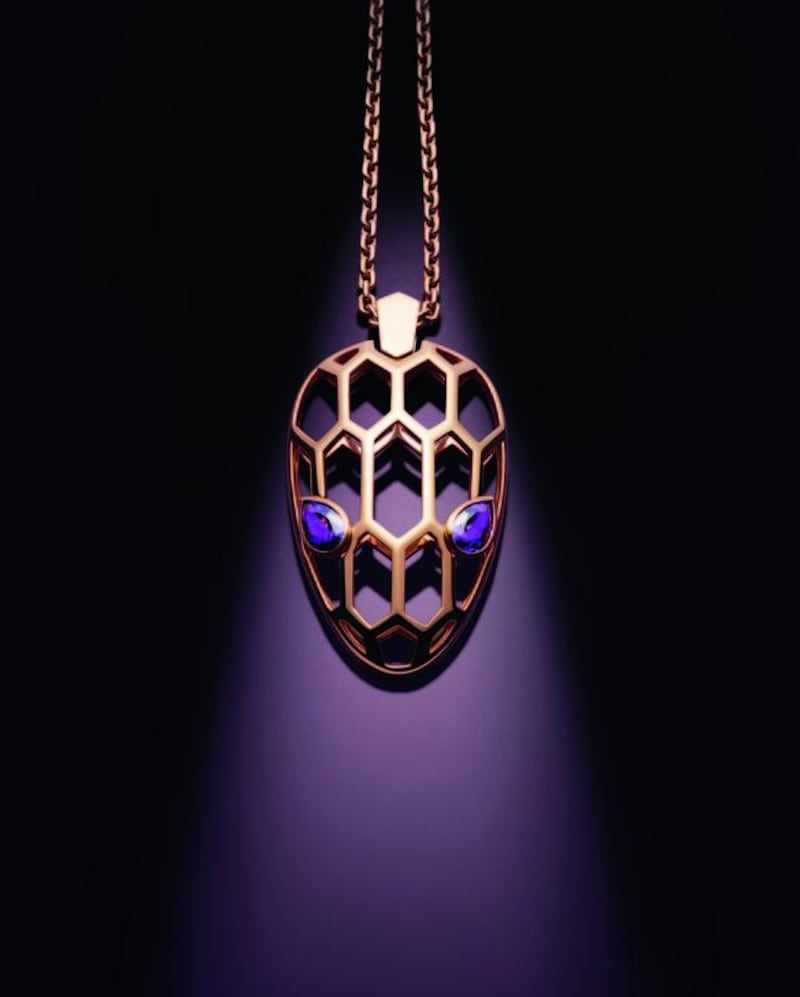 Serpenti small pendant necklace in pink gold with amethysts, Dh10,800. Courtesy Bulgari