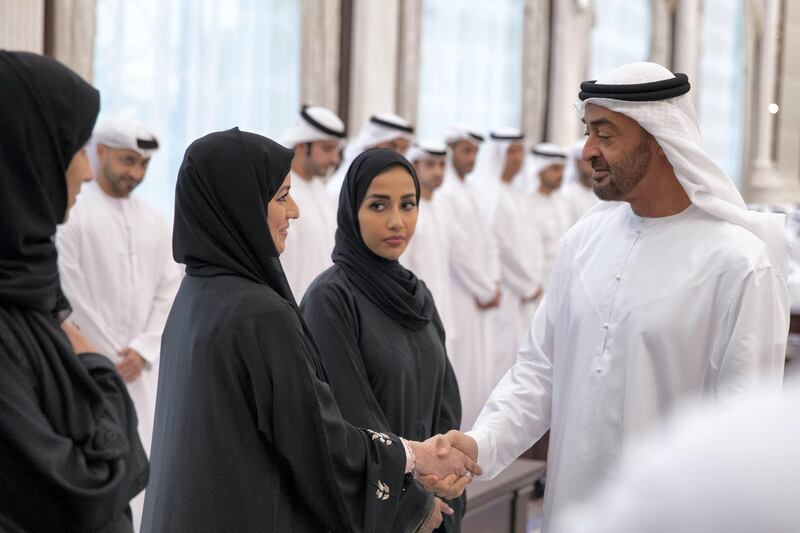 ABU DHABI, UNITED ARAB EMIRATES - May 28, 2019: HH Sheikh Mohamed bin Zayed Al Nahyan, Crown Prince of Abu Dhabi and Deputy Supreme Commander of the UAE Armed Forces (R), receives members of Ministry of Presidential Affairs, during an iftar reception at Al Bateen Palace.

( Hamad Al Mansouri for the Ministry of Presidential Affairs )
---