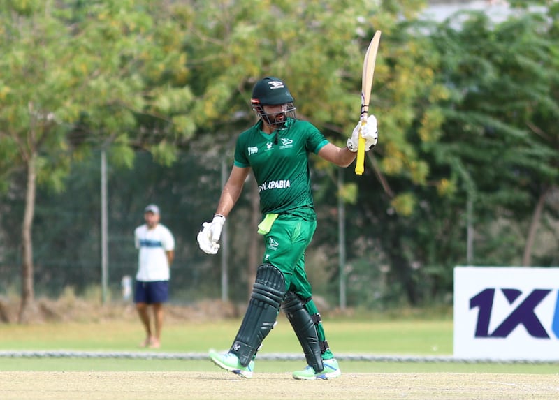 Saudi Arabia's Abdul Waheed after scoring a half-century in the ACC Men's Premier Cup match against Hong Kong at the Oman Cricket Stadium in Al Amerat