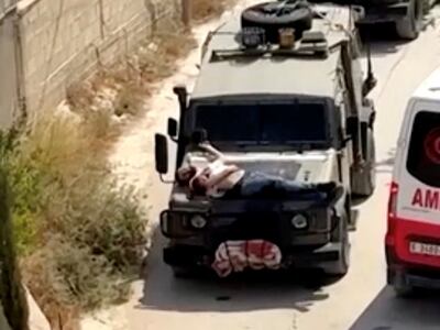 Video showed Mujahed Abbadeh strapped to the front of an Israeli military vehicle in Jenin. Reuters