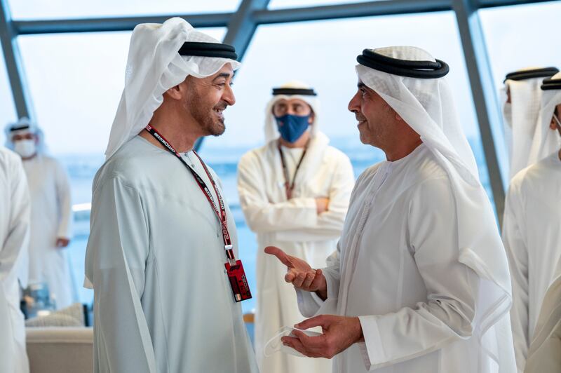 Sheikh Mohamed bin Zayed, Crown Prince of Abu Dhabi and Deputy Supreme Commander of the  Armed Forces, and Sheikh Saif bin Zayed,  Deputy Prime Minister and Minister of Interior at Shams Tower. Photo: Hamad Al Kaabi / Ministry of Presidential Affairs 
---