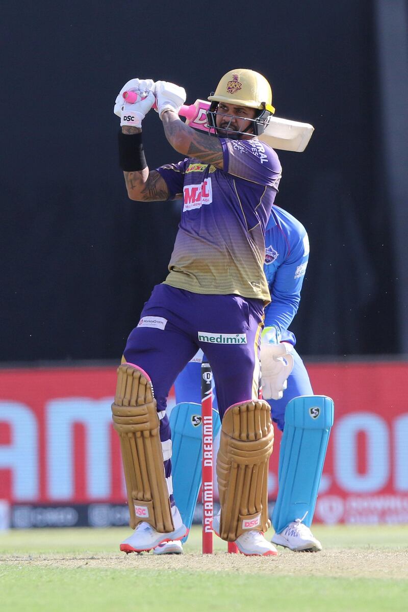 Sunil Narine of Kolkata Knight Riders plays a shot during match 42 of season 13 of the Dream 11 Indian Premier League (IPL) between the Kolkata Knight Riders and the Delhi Capitals at the Sheikh Zayed Stadium, Abu Dhabi  in the United Arab Emirates on the 24th October 2020.  Photo by: Pankaj Nangia  / Sportzpics for BCCI
