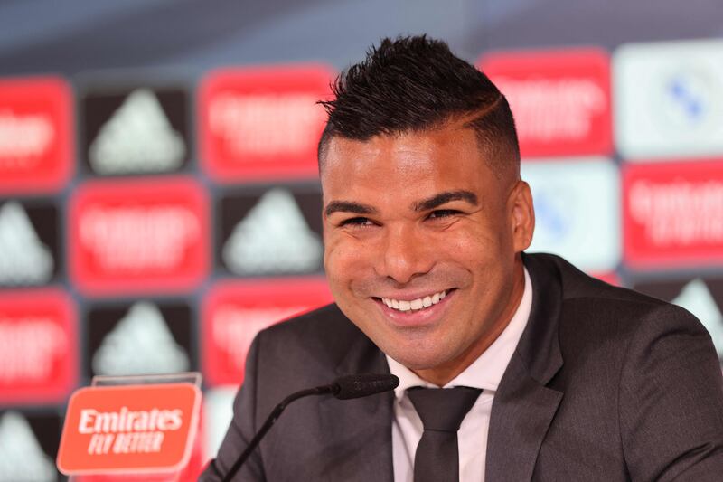 Casemiro smiles as he addresses a press conference during his farewell at the Real Madrid training complex. Manchester United have agreed to sign the Real Madrid midfielder for a reported £60 million ($70m). AFP