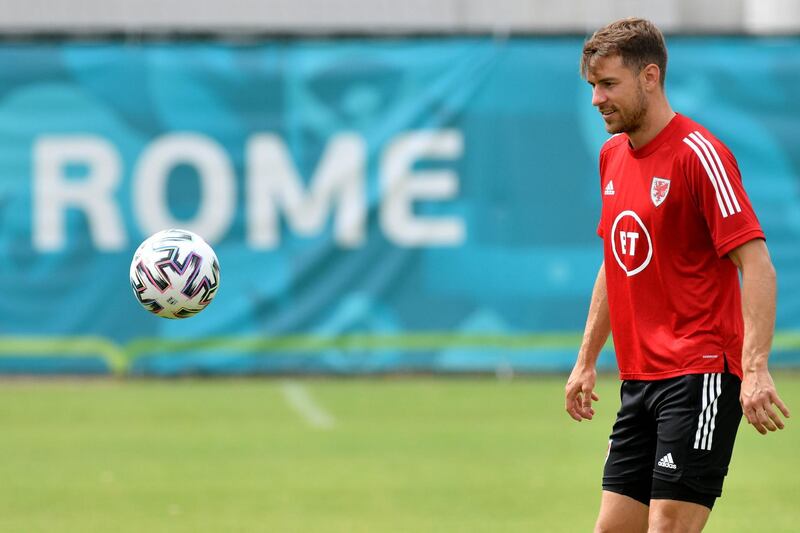 Aaron Ramsey during the Wales training session at the Acqua Acetosa sport centre . Getty Images