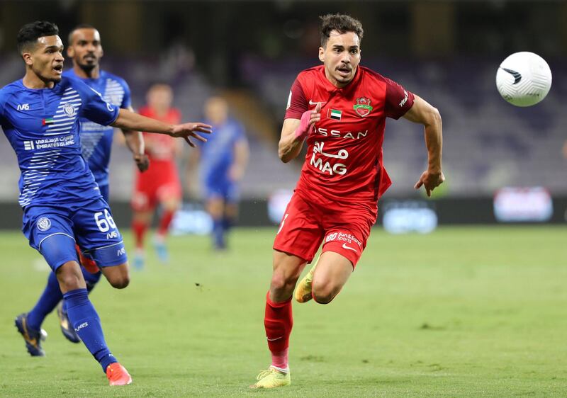 Shabab Al Ahli 's Carlos Eduardo tries to beat the defence in the game between Shabab Al Ahli and Al Nasr in the PresidentÕs Cup final in Al Ain on May 16th, 2021. Chris Whiteoak / The National. 
Reporter: John McAuley for Sport