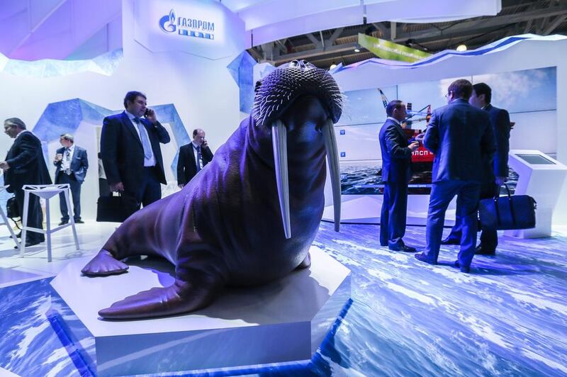 A walrus graces the exhibition stand of Gazprom Neft. Sergei Ilnitsky / EPA