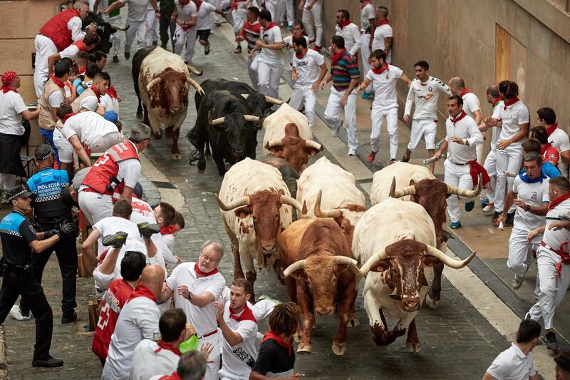 Runners try to avoid bulls of the Puerto de San Lorenzo bull ranch as they run down a street during the traditional San Fermin bull run in Pamplona, Spain.  EPA