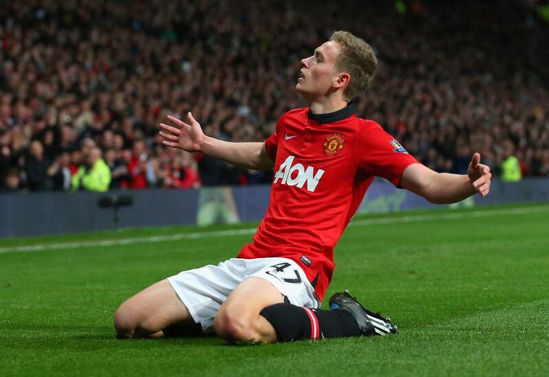 James Wilson of Manchester United celebrates scoring the second goal against Hull City on Tuesday. Alex Livesey / Getty Images / May 6, 2014