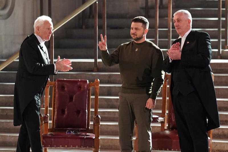 Mr Zelenskyy is applauded after his address to parliamentarians at Westminster Hall, London, in February 2023. AP