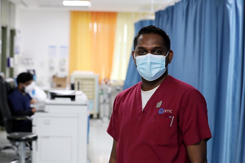 Dubai, United Arab Emirates - Reporter: N/A. News. Health. Photo Project. EMT nurse Jephy Antony at the NMC Royal Hospital, DIP. Photo project on hospital staff that Covid-19, recovered and carried on treating patiences. Monday, July 27th, 2020. Dubai. Chris Whiteoak / The National