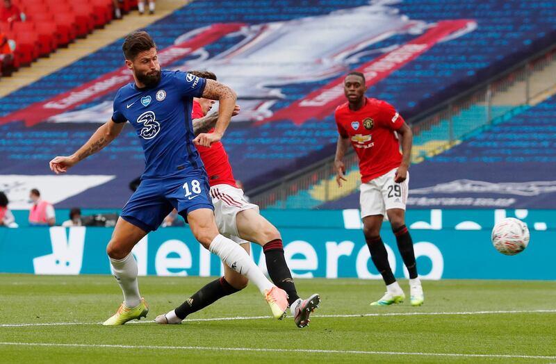 Chelsea's Olivier Giroud opens the scoring during his team's 3-1 win over Manchester United in the FA Cup semi-final at Wembley Stadium on Sunday, July 19. Reuters