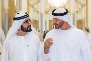 Sheikh Mohammed bin Rashid, Vice President and Ruler of Dubai, and Sheikh Mohamed bin Zayed, Crown Prince of Abu Dhabi and Deputy Supreme Commander of the Armed Forces, unveil the new Nation Brand on Wednesday. Wam