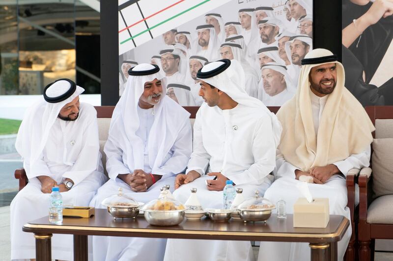 ABU DHABI, UNITED ARAB EMIRATES - March 11, 2019: HH Sheikh Nahyan bin Mubarak Al Nahyan, UAE Minister of State for Tolerance (2nd L) and HH Sheikh Khaled bin Zayed Al Nahyan, Chairman of the Board of Zayed Higher Organization for Humanitarian Care and Special Needs (ZHO) (2nd R), attend a Sea Palace barza.
( Rashed Al Mansoori / Ministry of Presidential Affairs )
---