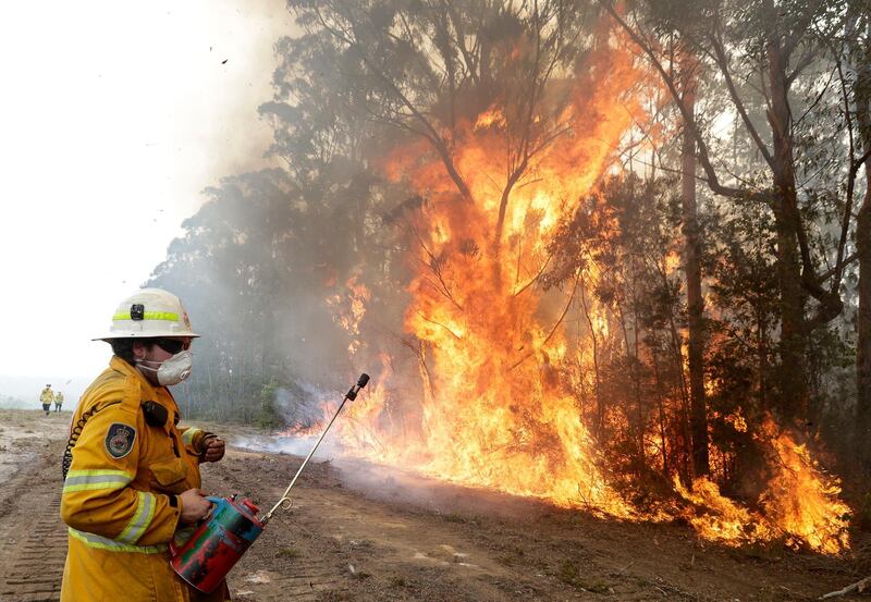 A firefighters backs away from the flames after lighting a controlled burn near Tomerong, Australia, Wednesday, Jan. 8, 2020, in an effort to contain a larger fire nearby. Around 2,300 firefighters in New South Wales state were making the most of relatively benign conditions by frantically consolidating containment lines around more than 110 blazes and patrolling for lightning strikes, state Rural Fire Service Commissioner Shane Fitzsimmons said. (AP Photo/Rick Rycroft)