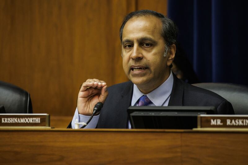 Representative Raja Krishnamoorthi speaks during the hearing. Bloomberg