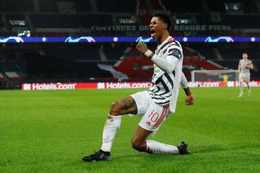 Soccer Football - Champions League - Group H - Paris St Germain v Manchester United - Parc des Princes, Paris, France - October 20, 2020 Manchester United's Marcus Rashford celebrates scoring their second goal REUTERS/Gonzalo Fuentes TPX IMAGES OF THE DAY