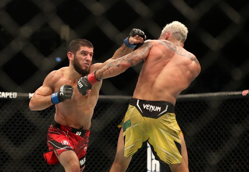 Islam Makhachev faced Charles Oliveira in a lightweight title fight at UFC 280 in Abu Dhabi last year. Chris Whiteoak / The National