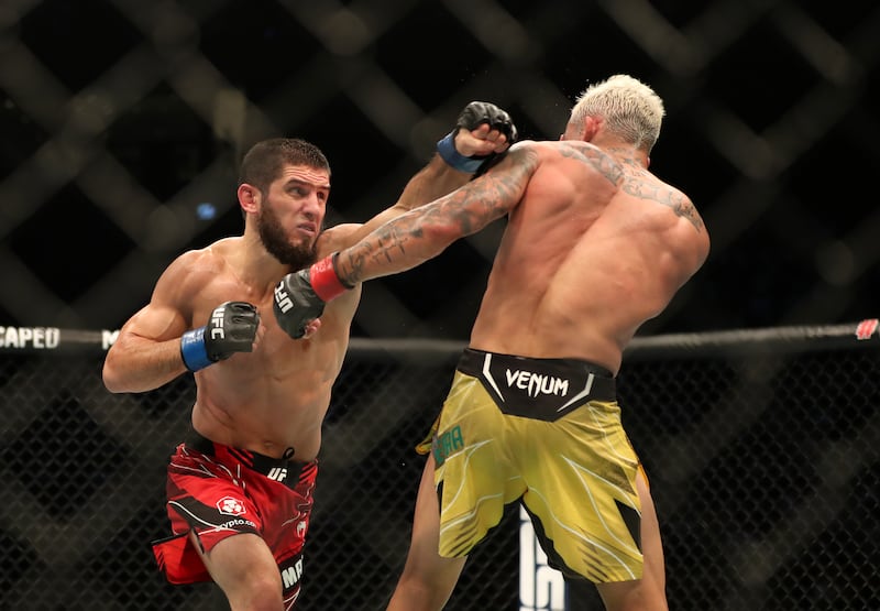 Islam Makhachev beat Charles Oliveira in their lightweight title fight at UFC 280 in Abu Dhabi. Chris Whiteoak / The National