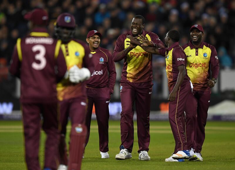 CHESTER-LE-STREET, ENGLAND - SEPTEMBER 16:  West Indies captain Carlos Brathwaite celebates dismissing Jonathan Bairstow of England during the  NatWest T20 International match between England and the West Indies at Emirates Durham ICG on September 16, 2017 in Chester-le-Street, England.  (Photo by Gareth Copley/Getty Images)