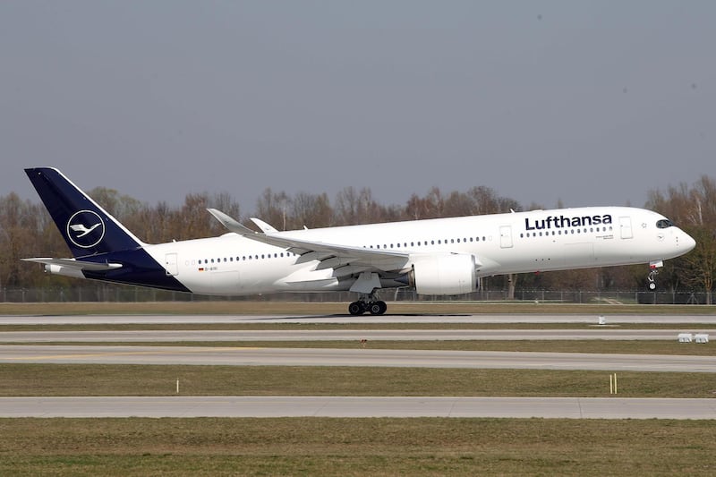 MUNICH, GERMANY - APRIL 03: A  Lufthansa Airbus A 350-941 aircraft is air born at Airport Munich Franz-Josef-Strauss International on April 03, 2019 in Munich, Germany. (Photo by Alexander Hassenstein/Getty Images)