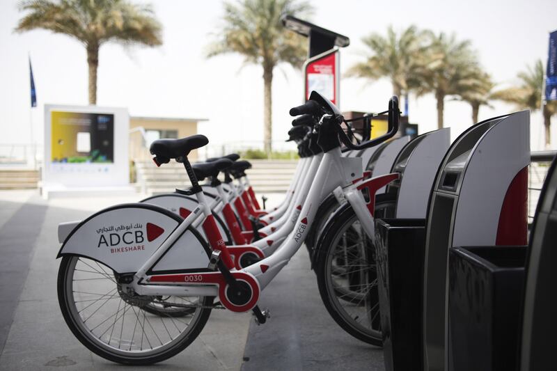 Eleven bike stations are currently scattered around the Al Raha Beach and Yas Island areas but there are plans to introduce dozens more on Saadiyat Island and the Corniche. Lee Hoagland/The National