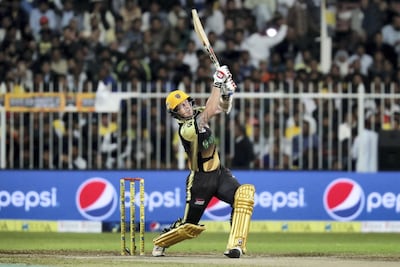 SHARJAH , UNITED ARAB EMIRATES , DEC 17  – 2017 :- Luke Ronchi of Punjabi Legends team hitting a six during the final against Kerala Kings in the T10 Cricket League held at Sharjah Cricket Stadium in Sharjah.  (Pawan Singh / The National) Story by Paul Radley