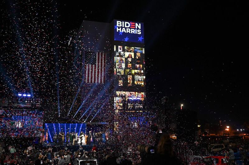 Confetti falls after US president-elect Joe Biden and vice president-elect Kamala Harris delivered speeches in Wilmington, Delaware. AFP
