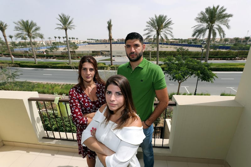 Dubai, United Arab Emirates - March 21, 2019: Sarah Dabbas (m), Tamara Jaber and Ghali Al Edwan. Residents in Mira are angry that Emaar has said work on the community is completed despite promised projects not being delivered. Thursday the 21st of March 2019 Mira, Dubai. Chris Whiteoak / The National