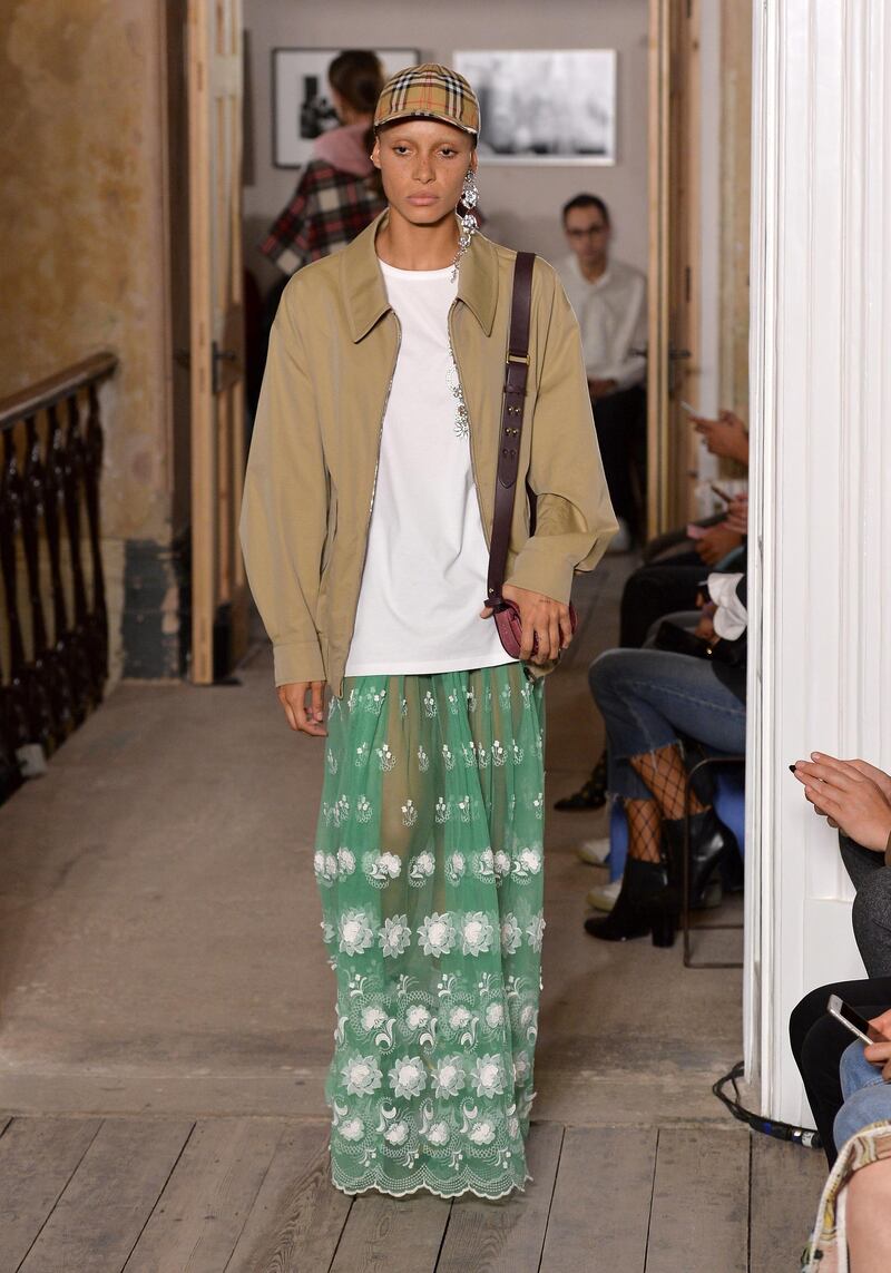 LONDON, ENGLAND - SEPTEMBER 16:  Model Adwoa Aboah walks the runway at the Burberry show during London Fashion Week September 2017 on September 16, 2017 in London, England.  (Photo by Jeff Spicer/BFC/Getty Images for The British Fashion Council)