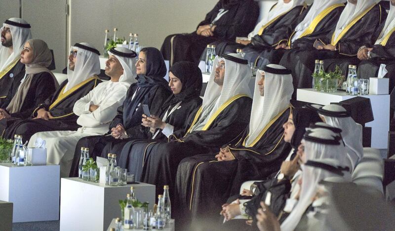 ABU DHABI, UNITED ARAB EMIRATES - February 26, 2018: (L-R) HE Omar bin Sultan Al Olama, UAE Minister of State for Artificial Intelligence, HE Ohood Al Roumi, UAE Minister of State for Happiness and Wellbeing HE Nasser bin Thani Juma Al Hamli, UAE Minister of Human Resources and Emiratisation, HE Dr Ahmed Abdullah Humaid Belhoul Al Falasi, UAE Minister of State for Higher Education, HE Jameela Salem Al Muhairi, UAE Minister of State for Public Education Affairs, HE Hessa Essa Buhumaid, UAE Minister of Community Development, HE Dr Sultan Ahmed Al Jaber, UAE Minister of State, Chairman of Masdar and CEO of ADNOC Group, and HE Dr Thani Al Zeyoudi, UAE Minister for Climate Change and Environment, attend the opening ceremony of The Founder's Memorial.
( Mohamed Al Hammadi / Crown Prince Court - Abu Dhabi )
---