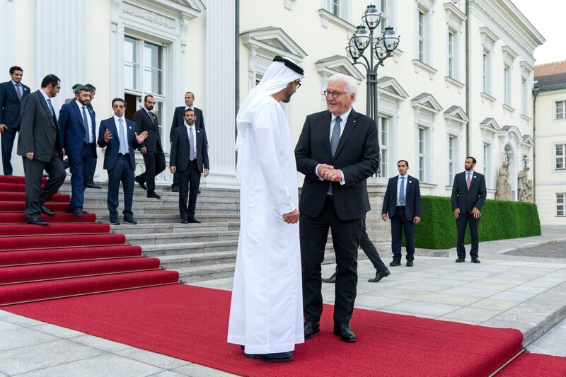 BERLIN, GERMANY - June 11, 2019: HE Frank-Walter Steinmeier, President of Germany (R), bids farewell to HH Sheikh Mohamed bin Zayed Al Nahyan, Crown Prince of Abu Dhabi and Deputy Supreme Commander of the UAE Armed Forces (L), after a meeting at the Bellevue Palace.

( Rashed Al Mansoori / Ministry of Presidential Affairs )
---