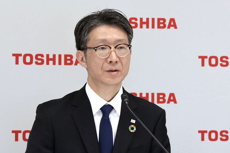 Taro Shimada, who replaces Toshiba chief executive Satoshi Tsunakawa, attends an online press conference in Tokyo. AFP