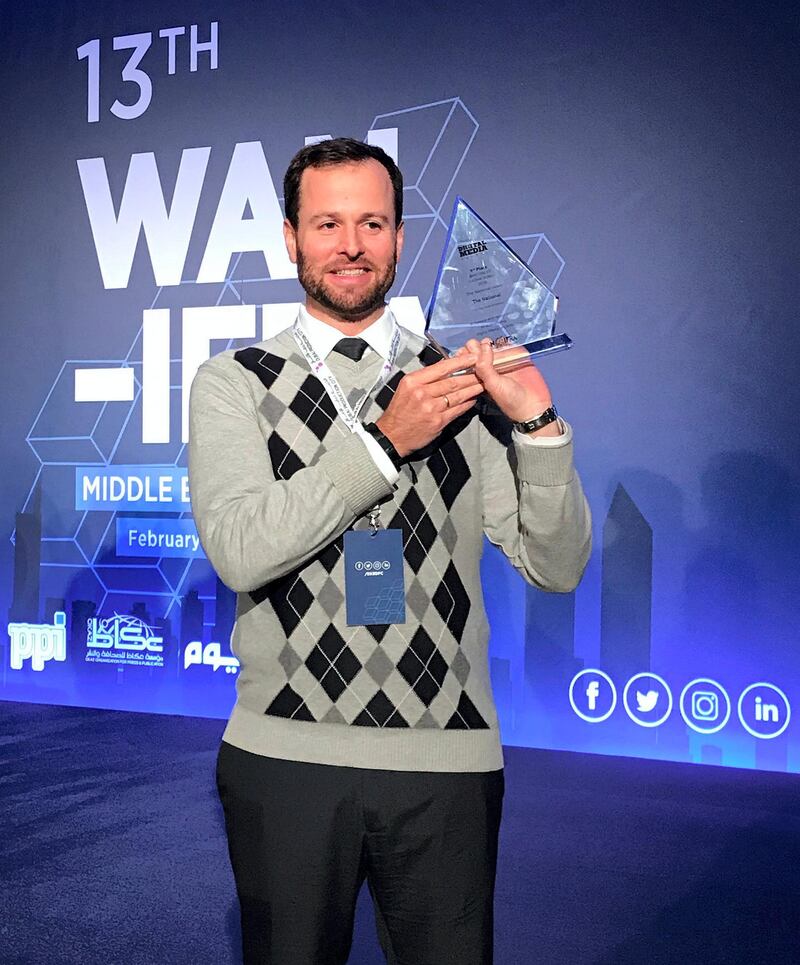 The National's Multimedia Editor Emmanuel Samoglou receives the WAN-IFRA award for the Best Use of Online Video in the Middle East.