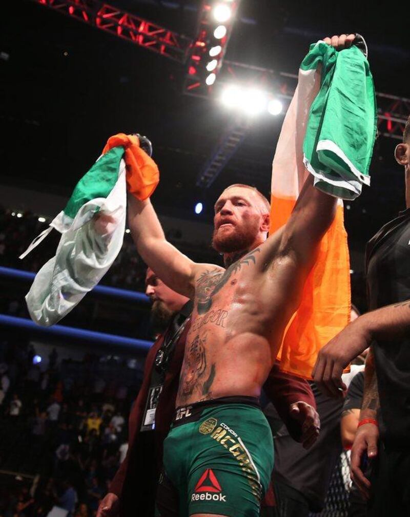 Conor McGregor celebrates after defeating Nate Diaz at UFC 202. AP