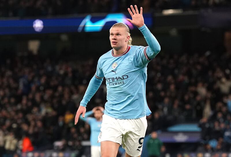 Erling Haaland celebrates scoring Manchester City's sixth goal - and his fifth - in the 7-0 Champions League round of 16 second leg win against RB Leipzig at the Etihad Stadium on March 14, 2023. PA