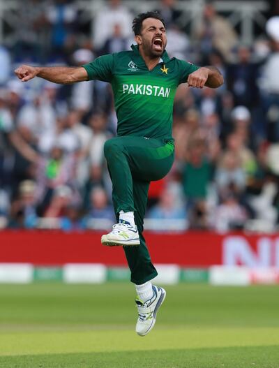 NOTTINGHAM, ENGLAND - JUNE 03:  Wahab Riaz of Pakistan celebrates after taking the wicket of Chris Woakes during the Group Stage match of the ICC Cricket World Cup 2019 between England and Pakistan at Trent Bridge on June 03, 2019 in Nottingham, England. (Photo by David Rogers/Getty Images)