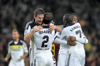 BARCELONA, SPAIN - APRIL 24:  Frank Lampard , Branislav Ivanovic , Ramires and John Obi Mikel of Chelsea celebrate victory during the UEFA Champions League Semi Final, second leg match between FC Barcelona and Chelsea FC at Camp Nou on April 24, 2012 in Barcelona, Spain.  (Photo by Shaun Botterill/Getty Images)