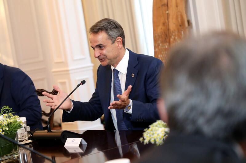 Greek Prime Minister Kyriakos Mitsotakis speaks at Maximos Mansion.