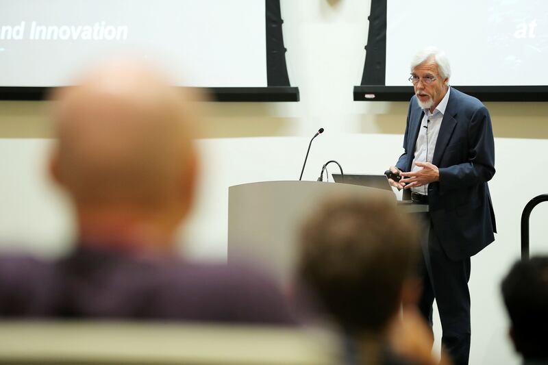 ABU DHABI , UNITED ARAB EMIRATES , OCT 23   – 2017 :- Rolf Heuer President of the German Physical Society (DPG) , Former Director-General of the European Organization for Nuclear Research (CERN) giving lecture on the idea of SESAME at the New York University of Abu Dhabi on Saadiyat island in Abu Dhabi. (Pawan Singh / The National) Story by Caline Malek