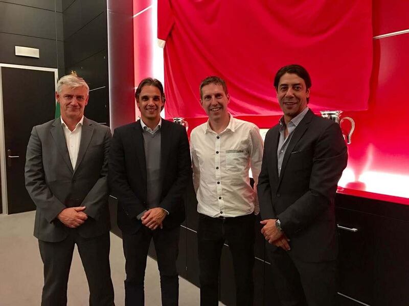 From left: Domingos Oliveira, the Benfica chief executive, Nuno Gomes, Andy Mitten and Rui Costa. Courtesy Andy Mitten