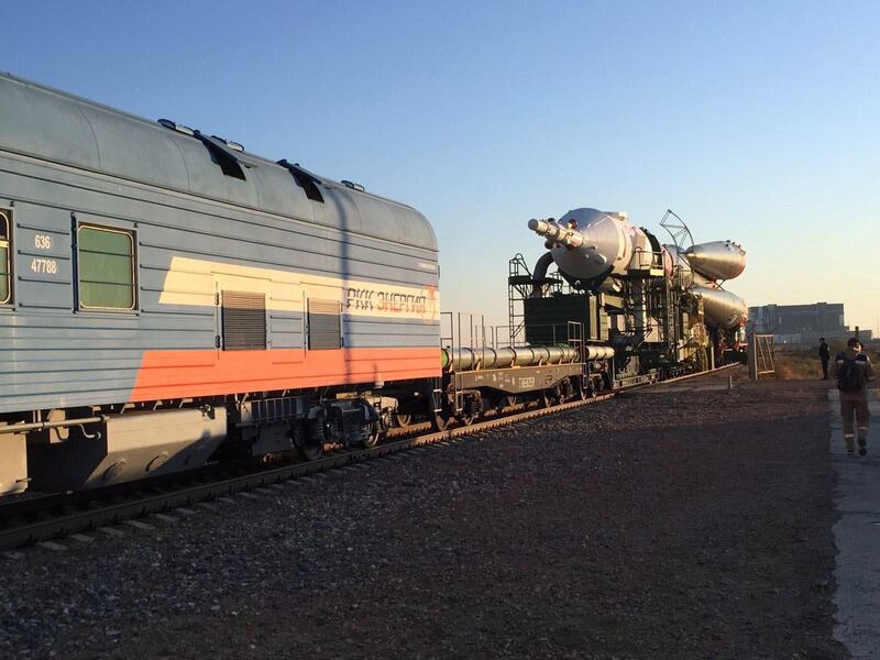 The Soyuz- FG carrier trundles along the back of a train close to the Russian-run Baikonur Cosmodrome in rural Kazakhstan. James Langton / The National