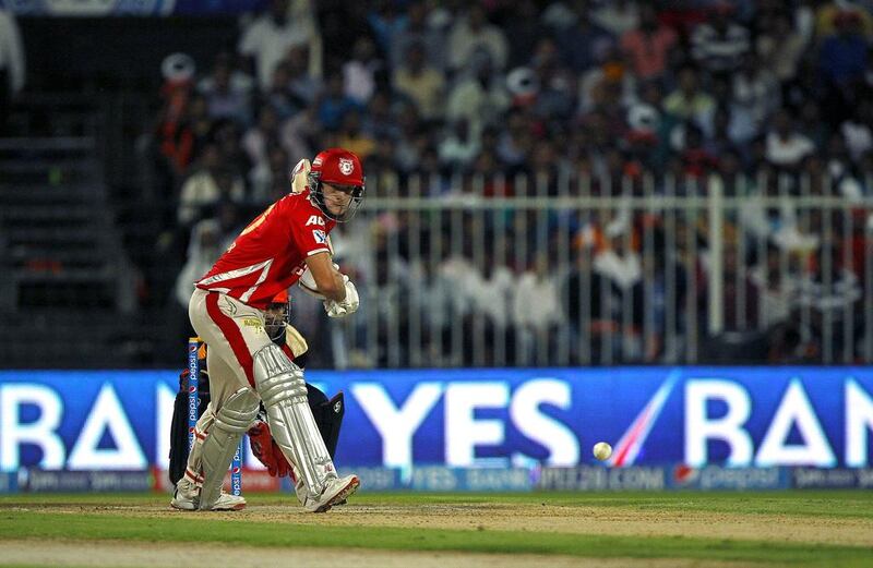 Sharjah, United Arab Emirates - April 22, 2014.  David Miller ( number 10 of Kings XI Punjab ) bats against Sunrisers Hyderabad at the ongoing IPL Cricket match.  ( Jeffrey E Biteng / The National )  Editor's Note; Ahmed R reports.